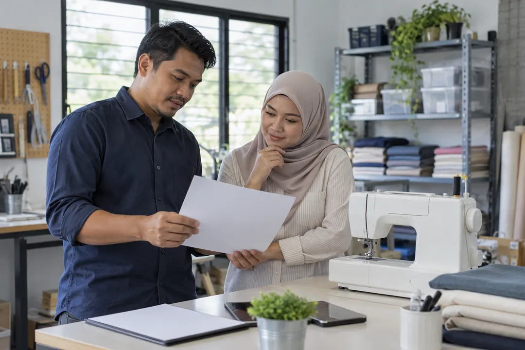 Ilustrasi: Dua pelanggan menyemak kertas kosong di sisi mesin jahit putih pada meja kerja. Bukan bukti operasi.