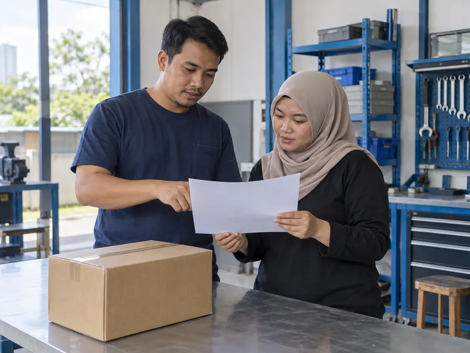Ilustrasi: Dua pelanggan menyemak kertas kosong di sisi kotak pada meja kerja. Bukan bukti operasi.